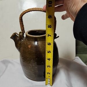 Vintage Brown Olive GreenCeramic Bean Pot Teapot with Wicker Handle